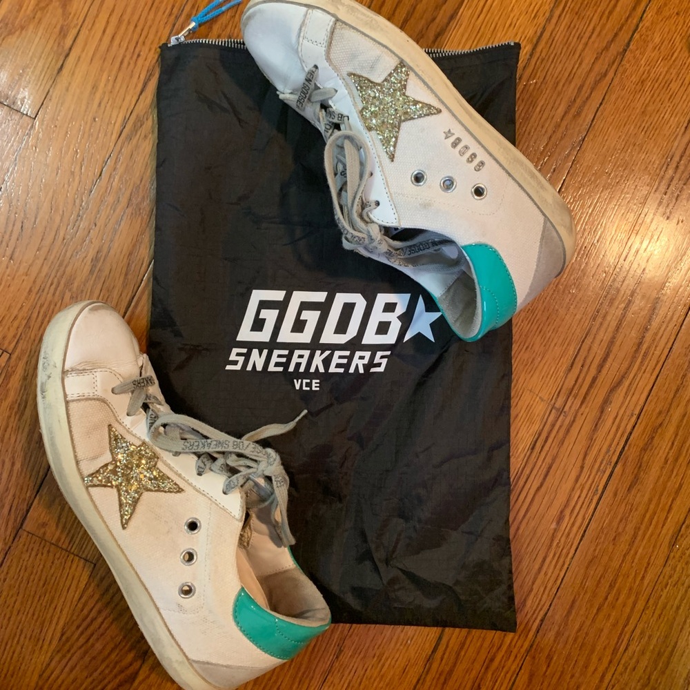 Golden Goose White and Gold Sneakers with High-Top Design and Star Detail